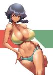  :q adjusting_bow bangs barefoot bikini bikini_shorts bikini_tan bow breasts cleavage closed_mouth commentary_request dutch_angle eyebrows_visible_through_hair flag_background girls_und_panzer green_bikini_bottom hands_on_hips huge_breasts italian_flag leg_up looking_at_viewer mismatched_bikini nail_polish naughty_face navel pepperoni_(girls_und_panzer) pink_nails sasaki_tatsuya short_hair shorts smile solo standing standing_on_one_leg swimsuit tan tanline tongue tongue_out v-shaped_eyebrows yellow_bikini_top 