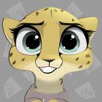  2018 anthro big_eyes bust_portrait cheetah clothed clothing disney fan_character fangs feline female fur hoodie looking_at_viewer mammal pattern_background portrait simple_background solo spots spotted_fur teal_eyes teeth whiskers yitexity zootopia 