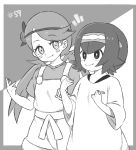  blush_stickers cu-sith eating flower greyscale hair_flower hair_ornament hairband long_hair mao_(pokemon) monochrome multiple_girls overall_shorts overalls oversized_clothes oversized_shirt pokemon pokemon_(anime) pokemon_sm_(anime) shirt short_hair short_sleeves suiren_(pokemon) trial_captain twintails younger 