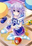  absurdres blush bottle controller d-pad d-pad_hair_ornament game_controller gamepad hair_ornament highres juice long_hair looking_at_viewer neptune_(choujigen_game_neptune) neptune_(series) official_art purple_eyes purple_hair scan short_hair skirt solo spill striped striped_legwear tears thighhighs tsunako 