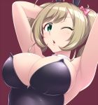  animal_ears black_leotard blonde_hair breasts bunny_ears bunny_girl bunny_tail bunnysuit chestnut_mouth close-up detached_collar green_eyes idolmaster idolmaster_cinderella_girls large_breasts leotard long_hair looking_at_viewer one_eye_closed pantyhose pataniito satou_shin solo strapless strapless_leotard tail twintails upper_body 