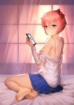  artist_request bangs bare_shoulders barefoot bed_sheet blue_eyes blue_skirt blush bow bra breasts cellphone cleavage closed_mouth clothes_down curtains day doki_doki_literature_club eyebrows_visible_through_hair feet folded_leg full_body hair_between_eyes hair_bow hair_ribbon hand_up heart highres indoors light_rays long_sleeves looking_at_viewer looking_back medium_breasts on_bed phone pink_bra pink_hair pleated_skirt red_bow ribbon sayori_(doki_doki_literature_club) shirt shirt_pull short_hair sitting sitting_on_bed skirt smartphone smile soles solo sunlight underwear white_shirt window yokozuwari 