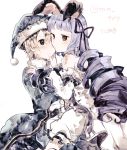  1girl animal_ears bare_shoulders blonde_hair blue_eyes blush brown_eyes bunny_ears coat detached_sleeves dress drill_hair fur_trim granblue_fantasy hair_between_eyes hair_ribbon hairband hand_on_another's_face hand_on_another's_shoulder hat ikeuchi_tanuma long_hair long_sleeves looking_at_viewer looking_back morphe_(granblue_fantasy) o3o ribbon signature straddling sweatdrop twitter_username very_long_hair vetor_(granblue_fantasy) 