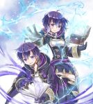  1girl blue_eyes blue_hair book cloak fire_emblem fire_emblem:_kakusei fire_emblem_heroes gloves holding holding_book lightning looking_at_viewer magic mark_(female)_(fire_emblem) mark_(fire_emblem) mark_(male)_(fire_emblem) mizuna_tomomi siblings smile twins 