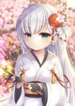  azur_lane bangs black_gloves blurry blurry_background blush breasts closed_mouth collarbone commentary_request depth_of_field eyebrows_visible_through_hair gloves green_eyes hair_ornament highres holding japanese_clothes kimono long_hair long_sleeves looking_at_viewer medium_breasts obi partly_fingerless_gloves sash shoukaku_(azur_lane) silver_hair smile solo twitter_username very_long_hair white_kimono wide_sleeves yukiyuki_441 