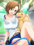  angelo_(gomahangetsu) blue_tank_top blush breasts brown_eyes brown_hair commentary_request day dog earrings hose idolmaster idolmaster_cinderella_girls jewelry large_breasts mizuki_seira navel on_ground open_mouth outdoors see-through shirt short_hair shorts sitting smile sunlight tank_top thighs wet wet_clothes wet_shirt wet_t-shirt white_shirt 