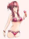  alternate_hairstyle bespectacled bikini bracelet breasts commentary english_commentary expressionless fate/grand_order fate_(series) flower food gae_bolg glasses hair_flower hair_ornament ice_cream jewelry large_breasts leatzche looking_at_viewer navel pink_bikini purple_bikini purple_hair red_eyes scathach_(fate)_(all) scathach_(swimsuit_assassin)_(fate) simple_background swimsuit 