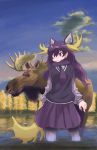  1girl animal animal_ears antlers black_hair blue_sky cloud extra_ears eyebrows_visible_through_hair fur_collar hair_between_eyes highres kemono_friends koutsuu_(koutuukanseikan) long_hair long_sleeves moose moose_(kemono_friends) moose_ears mountain outdoors pantyhose reflection skirt sky tree wading 