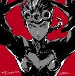  cleavage_cutout closed_mouth curly_hair giorno_giovanna greyscale hands_up heart_cutout jojo_no_kimyou_na_bouken kotatsu_(g-rough) looking_at_viewer male_focus monochrome ponytail red_background signature simple_background solo translation_request upper_body v-shaped_eyebrows vento_aureo 