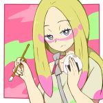  blonde_hair cu-sith eating facepaint food long_hair matsurika_(pokemon) onigiri paintbrush pokemon pokemon_(game) pokemon_sm short_sleeves solo trial_captain 