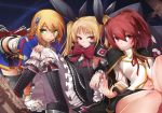  absurdres blazblue blonde_hair bloomers boots bow brown_hair celica_a_mercury green_eyes hair_ribbon highres long_hair midriff multiple_girls nago noel_vermillion non-web_source official_art ponytail rachel_alucard red_bow red_eyes ribbon smile thighhighs twintails underwear 
