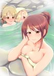  bathing blonde_hair breasts brown_eyes collarbone commentary_request drill_hair eyebrows_visible_through_hair hair_over_one_eye highres idolmaster idolmaster_cinderella_girls large_breasts long_hair looking_at_viewer mifune_miyu moo_yoshio morikubo_nono multiple_girls onsen partially_submerged ripples shirasaka_koume short_hair smile tied_hair towel towel_on_head water 