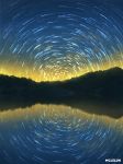  commentary forest highres lake making_of mclelun nature night night_sky no_humans original reflection sky star_(sky) star_trail starry_sky sunrise water_surface 