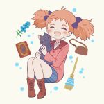  :d artist_name ayu_(mog) bag blue_skirt blush_stickers book boots bow broom brown_footwear cat closed_eyes commentary_request facing_viewer flower hair_bow handbag long_sleeves mary_(mary_to_majo_no_hana) mary_to_majo_no_hana one_eye_closed open_mouth orange_hair pleated_skirt purple_bow red_shirt shirt signature skirt smile twintails 