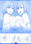  1boy 2girls blue_theme breasts commentary_request cooperative_paizuri cum cum_on_body cum_on_breasts ffm_threesome flying_sweatdrops group_sex hetero highres large_areolae large_breasts monochrome multiple_girls naozuri nipples no_bra open_clothes open_mouth open_shirt original paizuri penis short_hair siblings threesome twins wavy_mouth 
