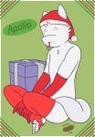  2017 anthro apollo_caelum armwear candy candy_cane christmas clothing digital_media_(artwork) eyes_closed food fur gieeg gift hat holidays legwear male mammal santa_hat simple_background smile socks solo stirrup_socks stockings white_fur wiener-fag 