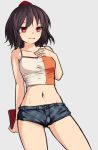  adapted_costume bare_arms bare_shoulders black_hair breasts collarbone commentary_request cowboy_shot denim denim_shorts eyebrows_visible_through_hair grey_background hand_on_own_chest hat holding medium_breasts midriff miyo_(ranthath) navel red_eyes shameimaru_aya short_hair short_shorts shorts simple_background smile solo standing tokin_hat touhou 