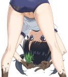  ass bent_over black_hair blue_eyes buruma cameltoe dirty from_behind gym_uniform kneepits legs long_hair looking_back mud navel original retumihari rice_planting shirt simple_background solo twintails v white_background white_shirt 