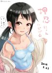  absurdres black_hair blush breasts brown_eyes commentary_request dated dougi highres idolmaster idolmaster_cinderella_girls karate_gi kii_(fys-a) long_hair low_twintails nakano_yuka sketch small_breasts smile solo tank_top translation_request twintails undressing white_background 