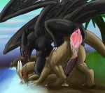 2018 abs anal anal_penetration animal_genitalia animal_penis anus biceps black_eyes black_scales blue_eyes blush brown_scales butt claws cum cum_inside digital_media_(artwork) digitalartwork dragon drako drooling duo exidusdragonhive fangless feral how_to_train_your_dragon knot male male/male night_fury penetration penis saliva scales sex tongue 