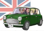  assam bangs black_neckwear blonde_hair blue_eyes blue_sweater braid car closed_mouth commentary darjeeling dress_shirt driving eyebrows_visible_through_hair flag_background frown girls_und_panzer ground_vehicle long_sleeves looking_at_another looking_at_viewer looking_to_the_side mini_cooper motor_vehicle multiple_girls necktie open_mouth orange_hair orange_pekoe parted_bangs parted_lips red_hair rosehip shirt short_hair sitting smile st._gloriana's_school_uniform sweater tied_hair twin_braids union_jack uona_telepin v-neck v-shaped_eyebrows white_shirt wing_collar 