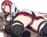  angry ass black_legwear black_panties boots from_behind glasses gloves hair_ornament hairclip highres long_hair looking_at_viewer lying minerva_victor on_stomach open_mouth panties red_eyes red_hair sblack senjou_no_valkyria senjou_no_valkyria_4 skirt solo sweat thighhighs underwear 