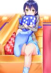  absurdres bangs blue_hair blush commentary_request couch eyebrows_visible_through_hair feet hair_between_eyes highres long_hair looking_at_viewer love_live! love_live!_school_idol_festival love_live!_school_idol_project lying no_shoes on_couch open_mouth pajamas saku_(syake135) socks soles solo sonoda_umi stuffed_animal stuffed_toy toes whale_shark yellow_eyes 