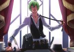  balisong belt blazblue book chain curtains desk fedora green_hair hat hazama highres knife male_focus necktie necktie_removed non-web_source official_art one_eye_closed paper shirt solo vest white_shirt window yellow_eyes 