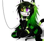  &lt;3 black_sclera boots cat clothed clothing collar cross emo farfromserious feline female footwear fur gloves goth green_fur hair jewelry kneeling leash long_hair long_tail mammal necklace purple_eyes rubber skimpy solo spandex stitches tattoo tight_clothing yellow_eyes yushi_the_cat 