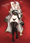  alisa_ilinichina_amiella arm_up armpits bed_sheet black_legwear black_panties blonde_hair blue_eyes blush breasts buckle closed_mouth coat coat_removed collarbone dakimakura emblem eyebrows_visible_through_hair from_above full_body gloves god_eater grey_coat groin hair_between_eyes hand_on_own_chest happy_birthday hat hat_removed headwear_removed heart highres large_breasts long_hair long_sleeves lying navel no_shoes nose_blush on_back ormille panties red_hat sideboob smile solo stomach thigh_gap thighhighs topless tsurime underwear underwear_only white_gloves 