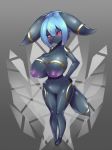  2017 anthro anthrofied black_fur blue_hair bluespice blush breasts eeveelution female fur grey_background hair looking_at_viewer nintendo nipples nude pok&eacute;mon pok&eacute;mon_(species) pussy red_eyes simple_background solo standing umbreon video_games 