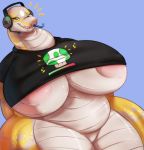  2017 areola belly belly_scales big_belly big_breasts blush breasts clothed clothing countershading fangs featureless_crotch female forked_tongue hands_behind_back headphones looking_at_viewer mangoicy mario_bros mature_female mostly_nude mushroom naga nintendo nipples overweight page_(snakemom) raised_inner_eyebrows reptile scales scalie shirt simple_background snake solo t-shirt tongue tongue_out under_boob video_games wide_hips yellow_scales 