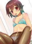  :o bangs blush bra breasts brown_eyes brown_hair brown_legwear crotch_seam dutch_angle ebifly eyebrows_visible_through_hair feet_out_of_frame green_bra kantai_collection looking_at_viewer mutsuki_(kantai_collection) open_mouth panties panties_under_pantyhose pantyhose reclining small_breasts solo thighband_pantyhose underwear white_panties 