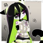  cat clothed clothing collar farfromserious feline female fur green_fur grin hair insane invalid_color invalid_tag laugh long_hair long_tail mammal psychopath skimpy smile solo straitjacket tattoo villainous yushi_the_cat 