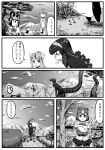  &gt;_&lt; african_wild_dog_(kemono_friends) animal_ears bangle bear_ears bow bowtie bracelet brown_bear_(kemono_friends) circlet cloud collared_shirt comic crossover dog_ears dog_tail elbow_gloves faceless faceless_female fingerless_gloves gloves godzilla godzilla_(series) golden_snub-nosed_monkey_(kemono_friends) greyscale highres jewelry kemono_friends kishida_shiki long_hair long_ponytail miniskirt monkey_ears monochrome mountain multiple_girls no_eyes open_mouth outdoors shin_godzilla shirt short_hair short_sleeves skirt sky smelling speech_bubble spotted_hair tail thighhighs translated tree |_| 