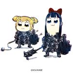  :3 armor arrow bangs blonde_hair blue_eyes blue_hair blunt_bangs boots bow breastplate chibi closed_mouth commentary_request faulds flail gauntlets greaves hair_bow hair_ornament hair_scrunchie holding holding_weapon kei-suwabe long_hair mace middle_finger morning_star multiple_girls pipimi plate_armor poptepipic popuko red_bow scrunchie shield short_hair simple_background twintails twitter_username weapon white_background yellow_eyes yellow_scrunchie 