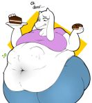  anthro belly big_belly big_butt boss_monster breasts butt caprine clothed clothing deep_navel female food fur goat huge_butt mammal navel obese overweight simple_background spaghettiz text toriel undertale video_games vore white_fur 