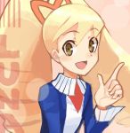  bangs blonde_twintails blush brown_eyes capcom character_name eyebrows_visible_through_hair hair hand_gesture haruno_shuu index_finger_raised looking_to_the_side open_mouth ribbon rockman ryuusei_no_rockman shirogane_luna smile twintail 