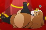  2017 areola bear bed bedroom bedroom_eyes belly big_belly big_butt blue_hair breasts brown_fur butt claws clothing countershading crown female fur gradient_hair hair half-closed_eyes leggings legwear looking_aside looking_at_viewer lying mammal mangoicy mangoicy_(character) mostly_nude on_back one_leg_up orb overweight royal seductive side_boob smile solo thick_thighs white_hair 