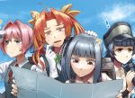  4girls ? aqua_eyes arare_(kantai_collection) black_hair blue_eyes brown_eyes cloud commentary_request day didloaded grey_vest hat kagerou_(kantai_collection) kantai_collection kasumi_(kantai_collection) multiple_girls pink_hair remodel_(kantai_collection) school_uniform shiranui_(kantai_collection) shirt short_hair short_sleeves skirt sky suspenders twintails vest white_shirt 