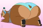  2016 all_fours bear big_butt blue_hair brown_fur butt clothed clothing countershading eating female fish fur gradient_hair hair huge_butt looking_back lying mammal mangoicy mangoicy_(character) marine on_front orb overweight panties presenting presenting_hindquarters rear_view red_hair shirt simple_background thick_thighs underwear white_hair 
