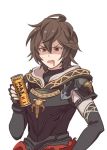  armor botamochi_(exwelder) brown_hair can coffee disgust fingerless_gloves georgia_max_coffee gloves gold_trim granblue_fantasy hood hood_down male_focus open_mouth red_eyes sandalphon_(granblue_fantasy) short_hair simple_background solo upper_body white_background 