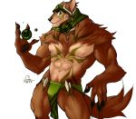  2017 anthro canine chirenbo clothing digital_media_(artwork) fur loincloth male mammal muscular muscular_male necktie nipples pecs simple_background wolf 