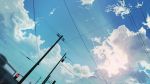  banishment blue_sky cloud cloudy_sky commentary_request day highres no_humans original outdoors power_lines scenery signature sky telephone_pole 
