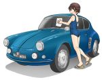  ass bangs blue_swimsuit brown_eyes brown_hair car cleaning commentary eyebrows_visible_through_hair girls_und_panzer ground_vehicle holding looking_at_viewer looking_back motor_vehicle nakajima_(girls_und_panzer) one-piece_swimsuit open_mouth rag renault_alpine_a106 sandals school_swimsuit shadow short_hair simple_background smile solo standing standing_on_one_leg swimsuit uona_telepin white_background 