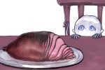  blue_eyes chair food hair_between_eyes idon lamia meat monster_girl original peeking_out simple_background solo table tail tray white_background white_hair white_skin 
