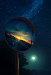  cloudy_sky commentary_request highres milky_way mks moon night night_sky no_humans original outdoors reflection road scenery sky star_(sky) starry_sky sunset traffic_mirror tree 