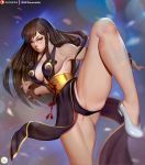  alternate_costume alternate_hairstyle ass_visible_through_thighs black_dress bracelet braid breasts brown_hair china_dress chinese_clothes chun-li cleavage didi_esmeralda dress fighting_stance jewelry large_breasts leg_lift long_hair looking_at_viewer panties pantyshot solo spiked_bracelet spikes street_fighter street_fighter_v thick_thighs thighs toned twin_braids underwear white_footwear 