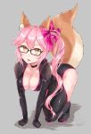  all_fours animal_ears breasts cleavage collarbone commentary_request fate/extra fate/grand_order fate_(series) fox_ears fox_tail glasses grey_background hair_ribbon hiyoko_biimu large_breasts long_hair pink_hair ribbon side_ponytail simple_background solo tail tamamo_(fate)_(all) tongue yellow_eyes 