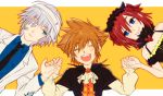  blue_eyes formal kairi_(kingdom_hearts) kingdom_hearts kingdom_hearts_ii medium_hair mim_(mimya0600) multiple_boys red_hair riku silver_hair sora_(kingdom_hearts) suit 